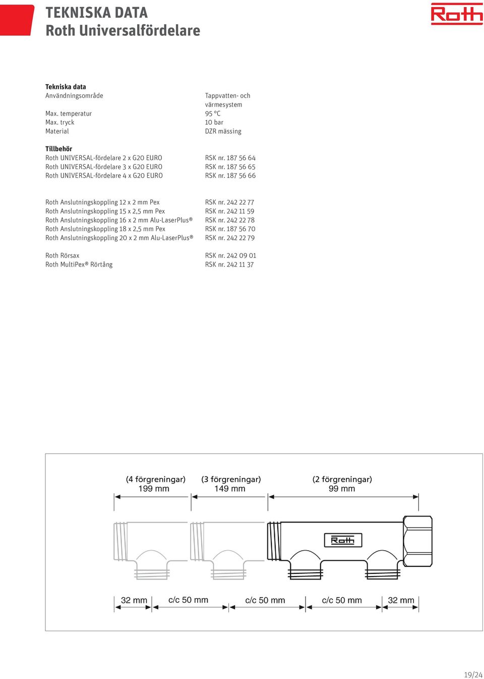 87 56 65 Roth UNIVERSAL-fördelare x G20 EURO RSK nr. 87 56 66 Roth Anslutningskoppling 2 x 2 mm Pex RSK nr. 22 22 77 Roth Anslutningskoppling 5 x 2,5 mm Pex RSK nr.