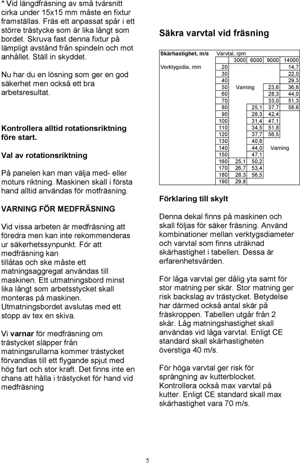 Kontrollera alltid rotationsriktning före start. Val av rotationsriktning På panelen kan man välja med- eller moturs riktning. Maskinen skall i första hand alltid användas för motfräsning.