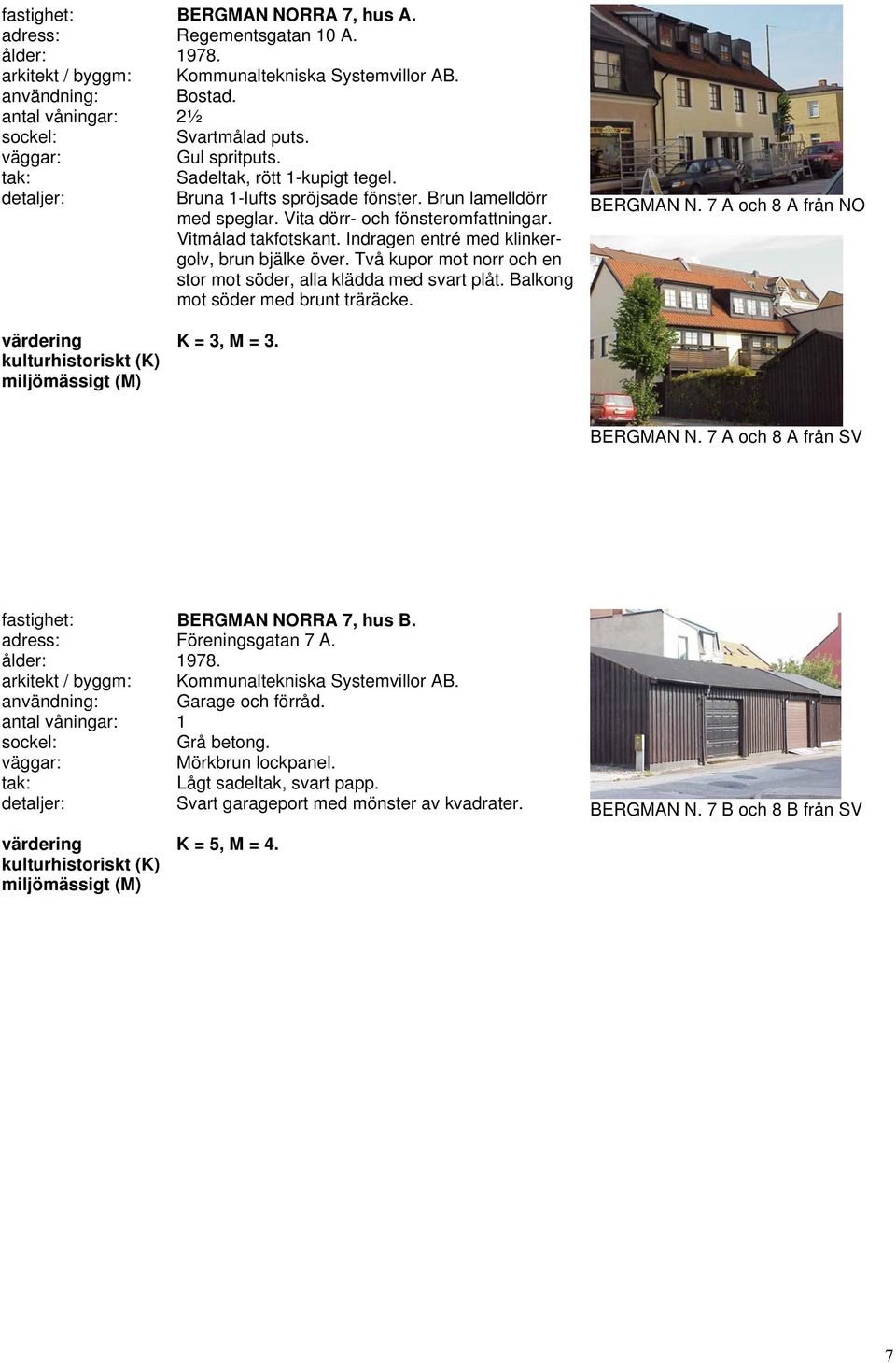 Två kupor mot norr och en stor mot söder, alla klädda med svart plåt. Balkong mot söder med brunt träräcke. BERGMAN N. 7 A och 8 A från NO K = 3, M = 3. BERGMAN N. 7 A och 8 A från SV fastighet: BERGMAN NORRA 7, hus B.