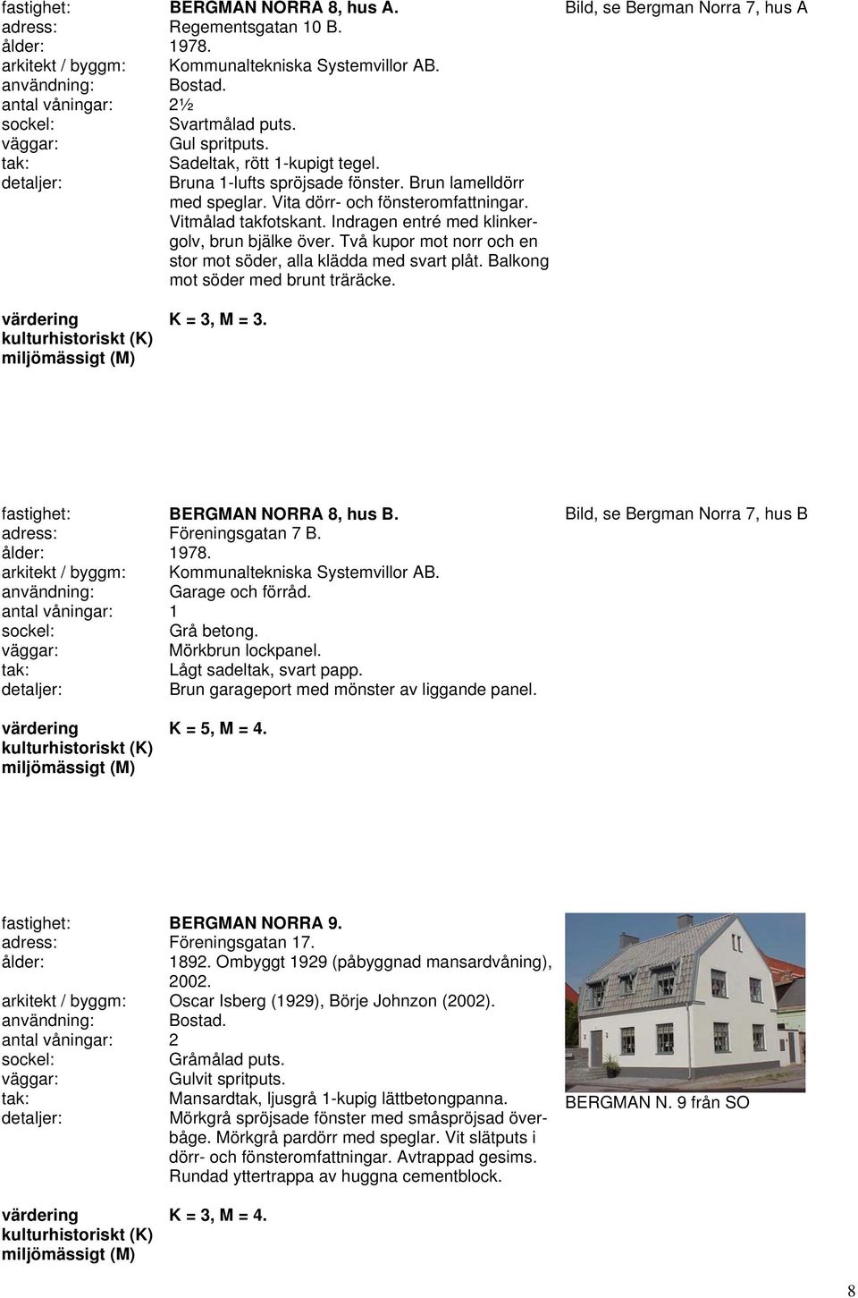 Två kupor mot norr och en stor mot söder, alla klädda med svart plåt. Balkong mot söder med brunt träräcke. Bild, se Bergman Norra 7, hus A K = 3, M = 3. fastighet: BERGMAN NORRA 8, hus B.