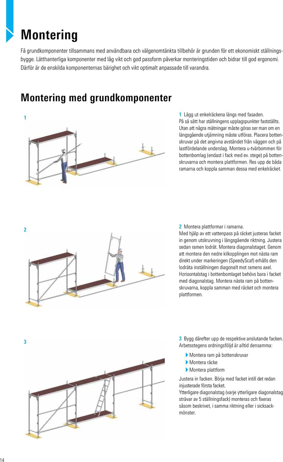 Montering med grundkomponenter 1 1 Lägg ut enkelräckena längs med fasaden. På så sätt har ställningens upplagspunkter fastställts.