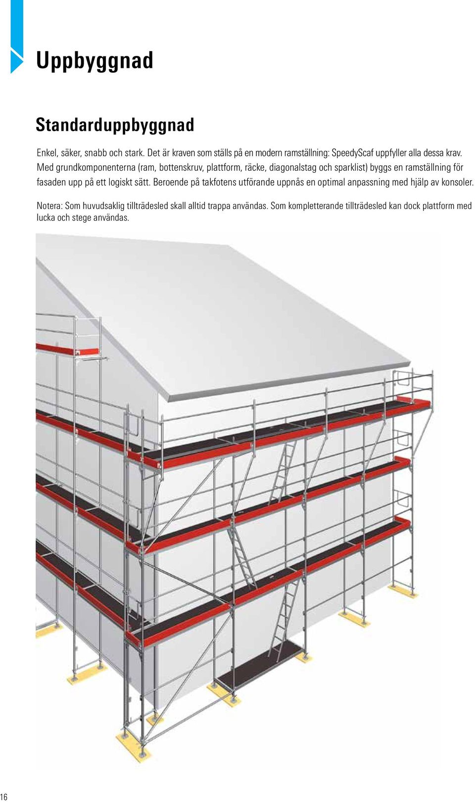 Med grundkomponenterna (ram, bottenskruv, plattform, räcke, diagonalstag och sparklist) byggs en ramställning för fasaden upp på ett