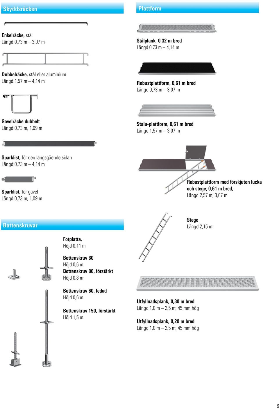 1,09 m Robustplattform med förskjuten lucka och stege, 0,61 m bred, Längd 2,57 m, 3,07 m Bottenskruvar Stege Längd 2,15 m Fotplatta, Höjd 0,11 m Bottenskruv 60 Höjd 0,6 m Bottenskruv 80,