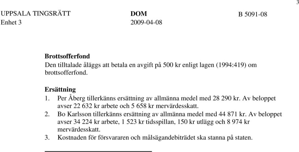 Av beloppet avser 22 632 kr arbete och 5 658 kr mervärdesskatt. 2. Bo Karlsson tillerkänns ersättning av allmänna medel med 44 871 kr.