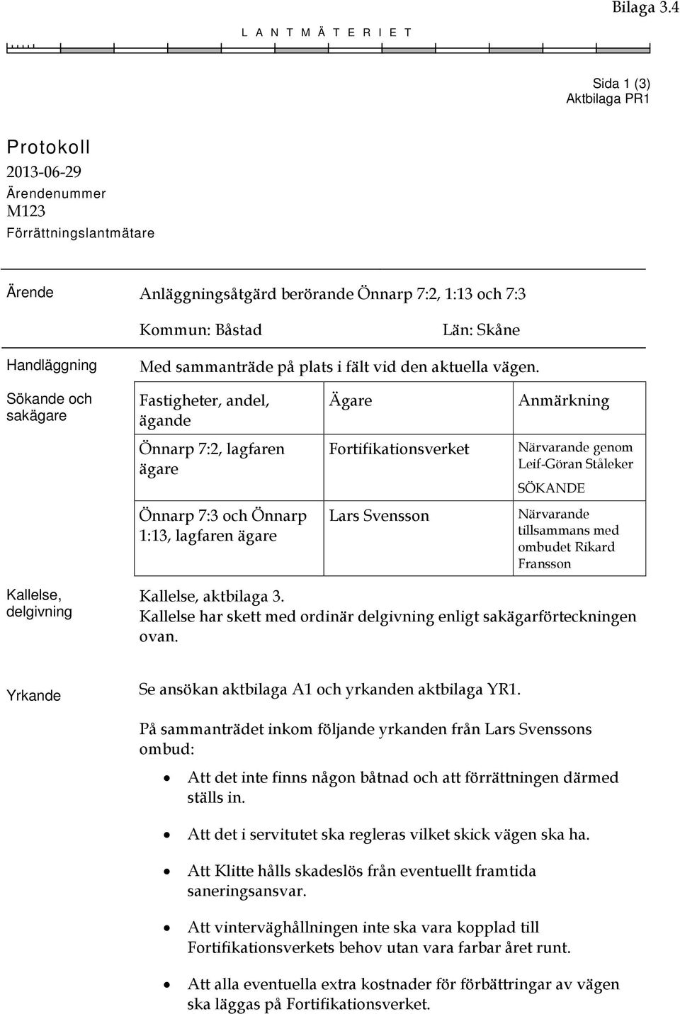 Handläggning Med sammanträde på plats i fält vid den aktuella vägen.