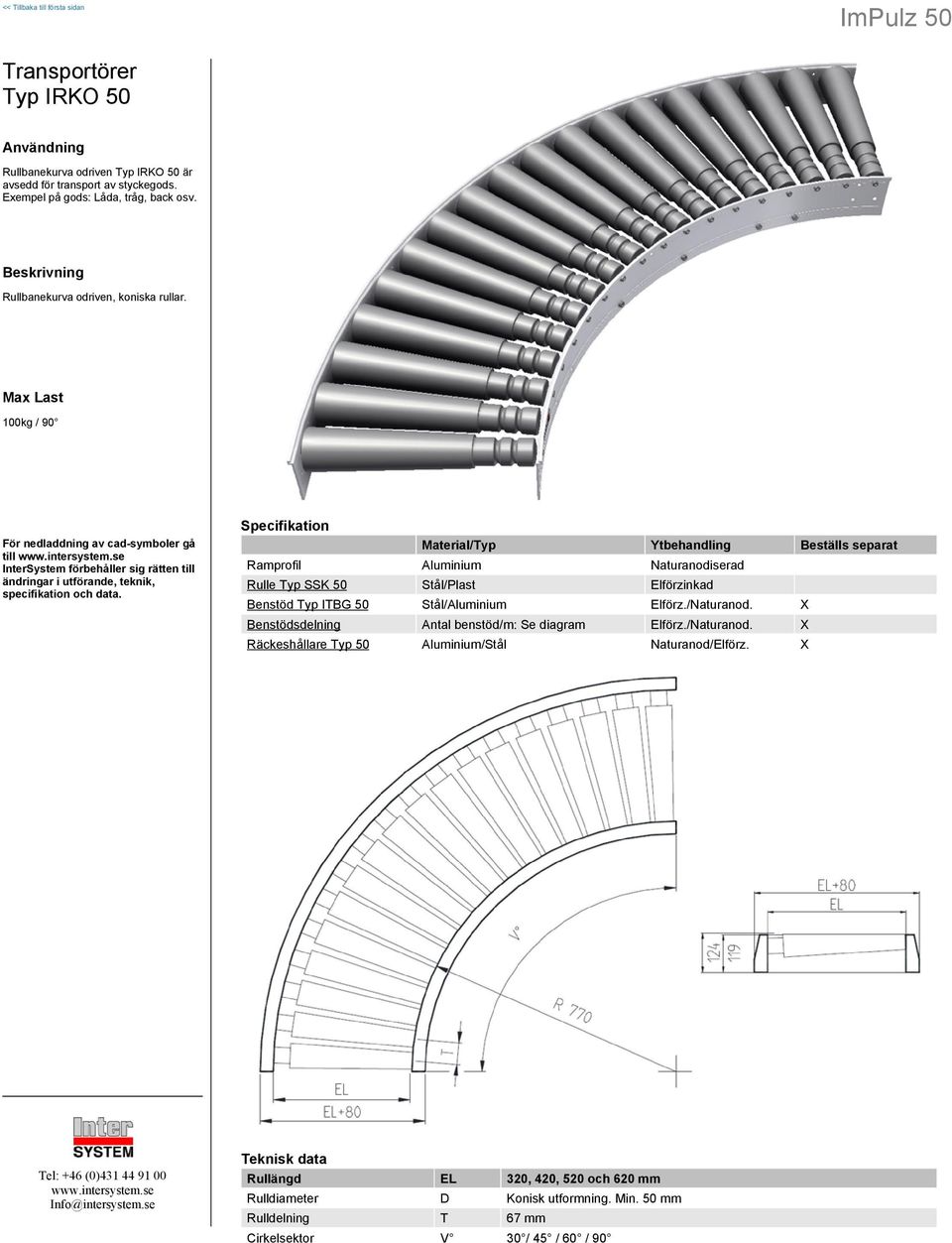 Max Last 100kg / 90 Material/Typ Ytbehandling Beställs separat Ramprofil Aluminium Naturanodiserad Rulle Typ SSK 50 Stål/Plast Elförzinkad Benstöd Typ