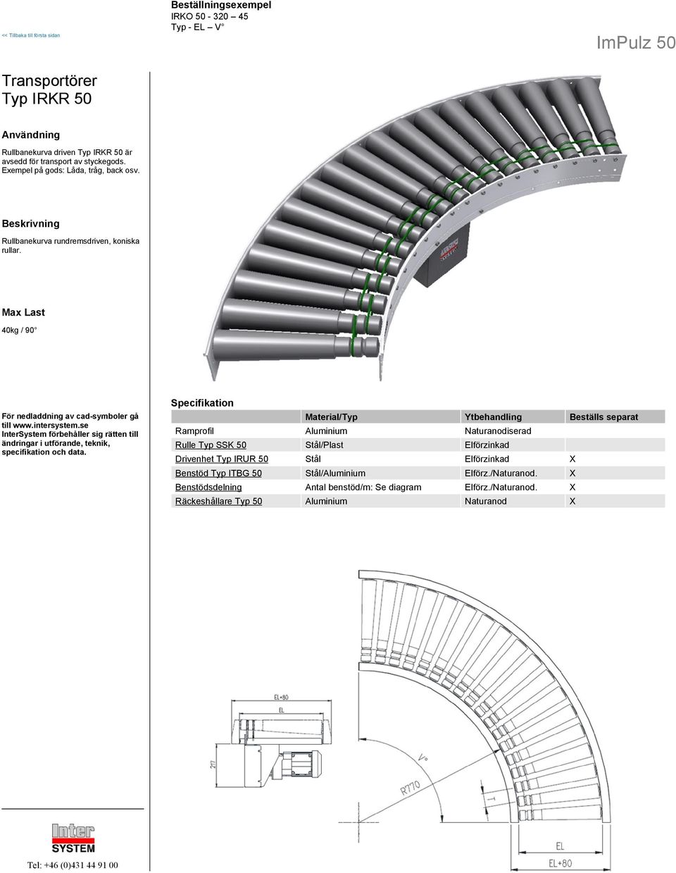 Max Last 40kg / 90 Material/Typ Ytbehandling Beställs separat Ramprofil Aluminium Naturanodiserad Rulle Typ SSK 50 Stål/Plast Elförzinkad