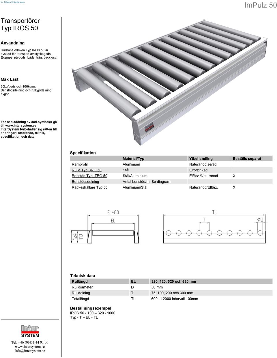 Material/Typ Ytbehandling Beställs separat Ramprofil Aluminium Naturanodiserad Rulle Typ SRO 50 Stål Elförzinkad Benstöd Typ ITBG 50 Stål/Aluminium Elförz.