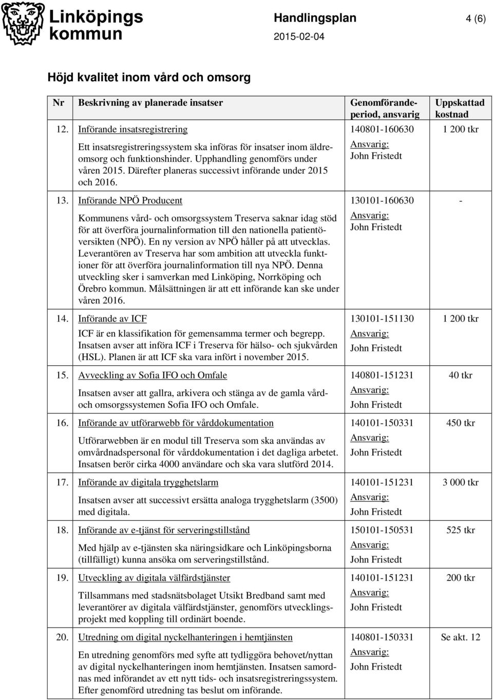 Införande NPÖ Producent Kommunens vård och omsorgssystem Treserva saknar idag stöd för att överföra journalinformation till den nationella patientöversikten (NPÖ).