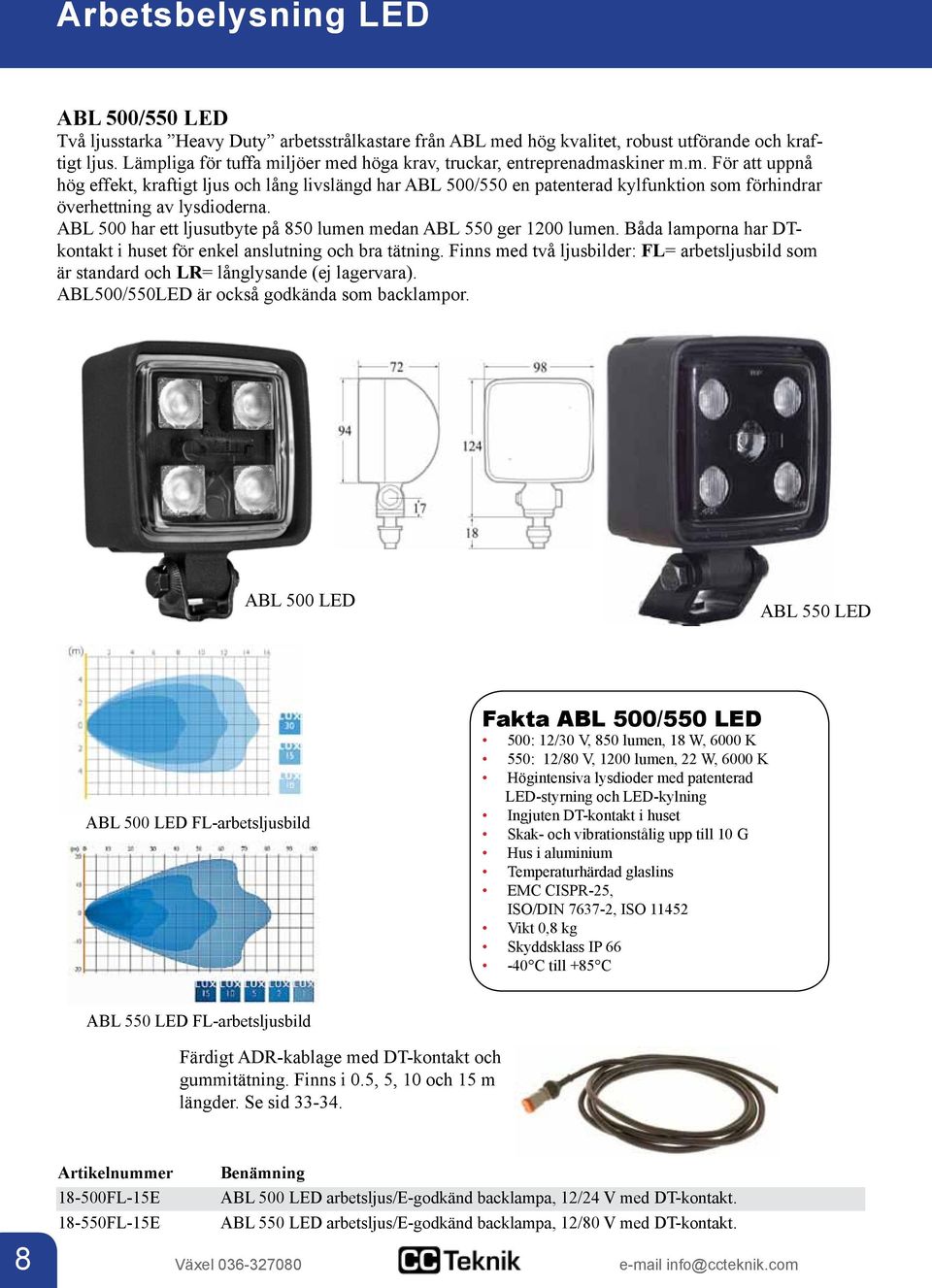 ABL 500 har ett ljusutbyte på 850 lumen medan ABL 550 ger 1200 lumen. Båda lamporna har DTkontakt i huset för enkel anslutning och bra tätning.