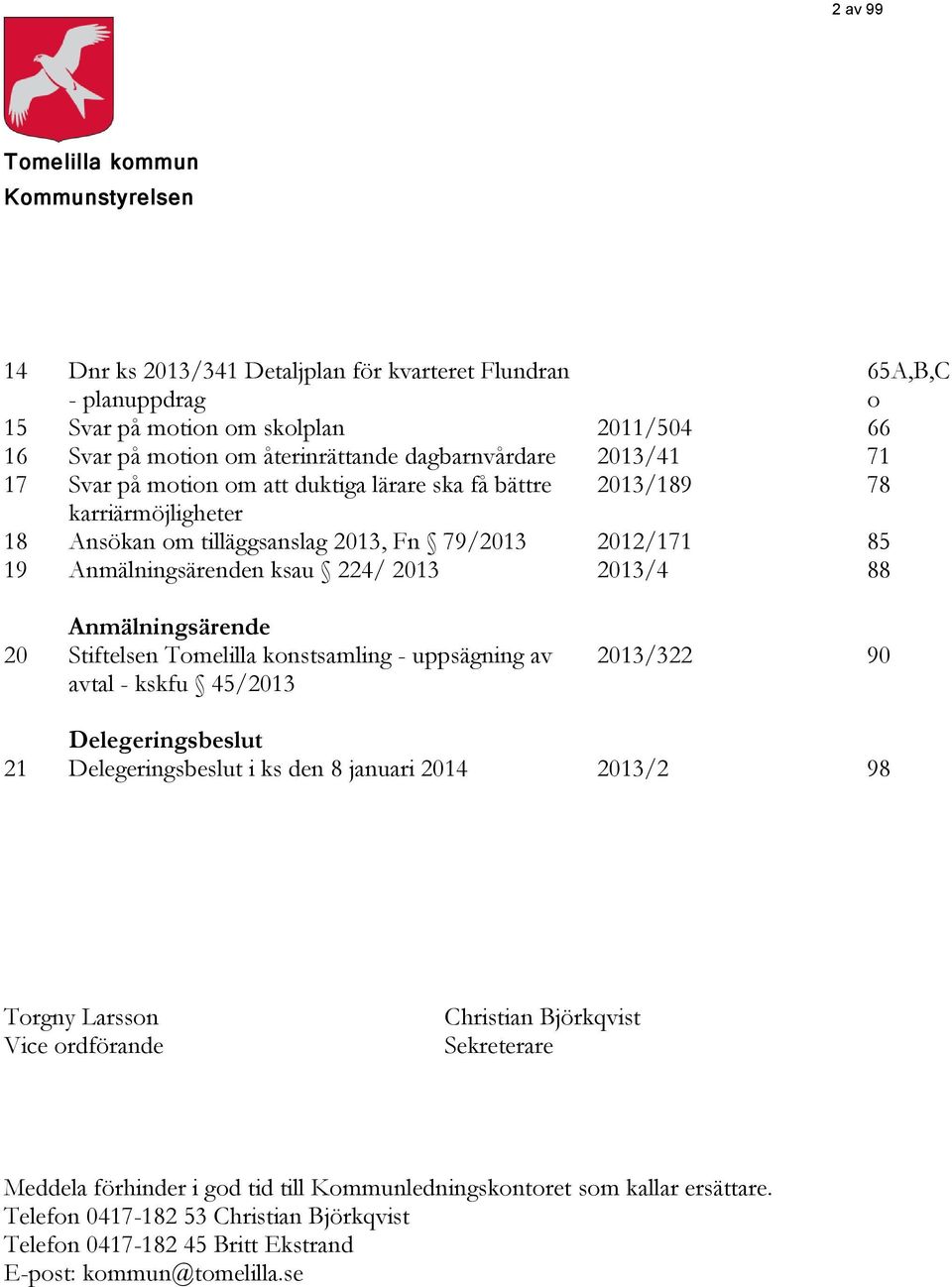 2013 2013/4 88 Anmälningsärende 20 Stiftelsen Tomelilla konstsamling - uppsägning av avtal - kskfu 45/2013 2013/322 90 Delegeringsbeslut 21 Delegeringsbeslut i ks den 8 januari 2014 2013/2 98 Torgny