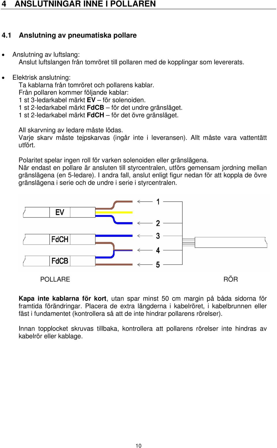 1 st 2-ledarkabel märkt FdCB för det undre gränsläget. 1 st 2-ledarkabel märkt FdCH för det övre gränsläget. All skarvning av ledare måste lödas.