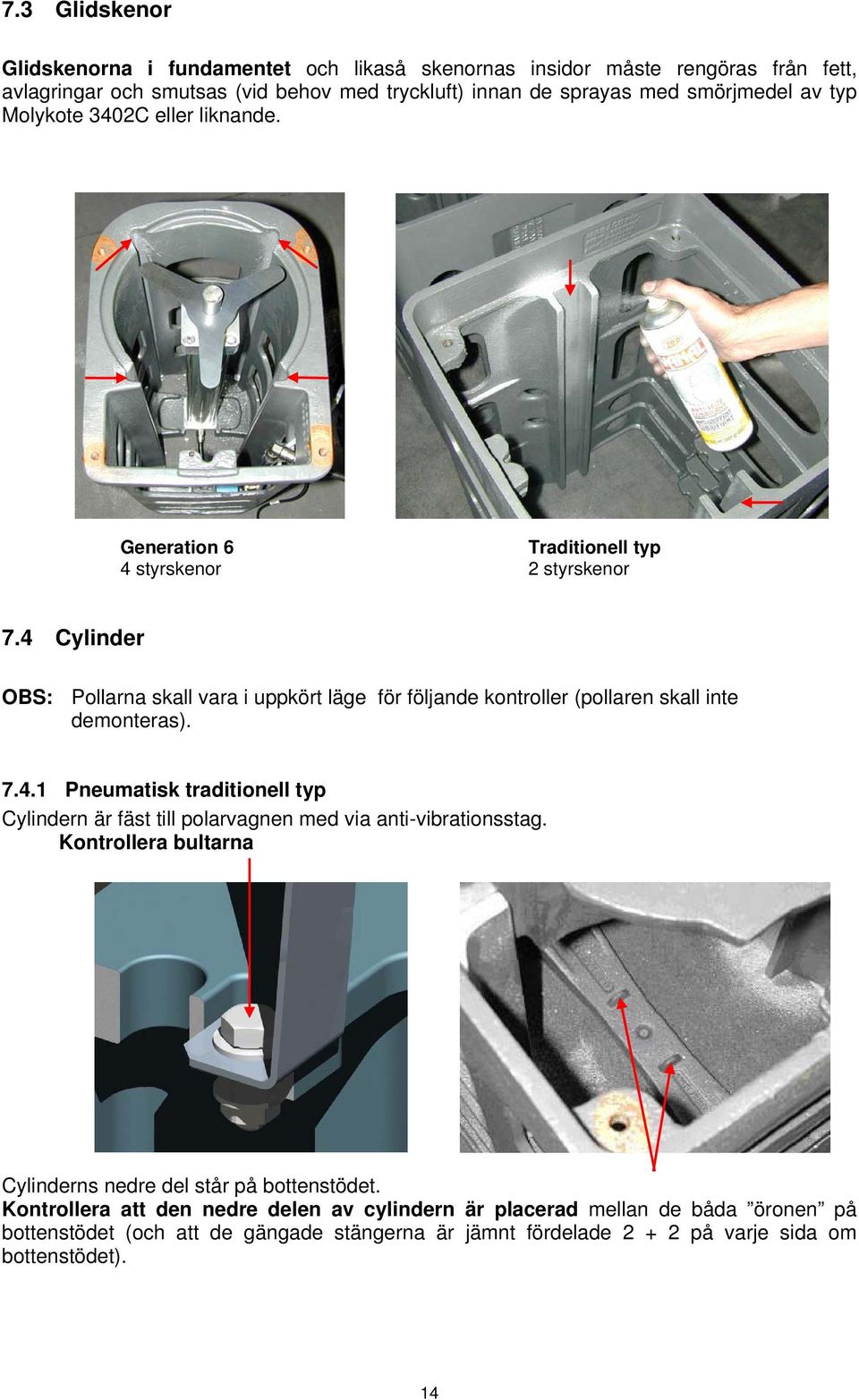 4 Cylinder OBS: Pollarna skall vara i uppkört läge för följande kontroller (pollaren skall inte demonteras). 7.4.1 Pneumatisk traditionell typ Cylindern är fäst till polarvagnen med via anti-vibrationsstag.