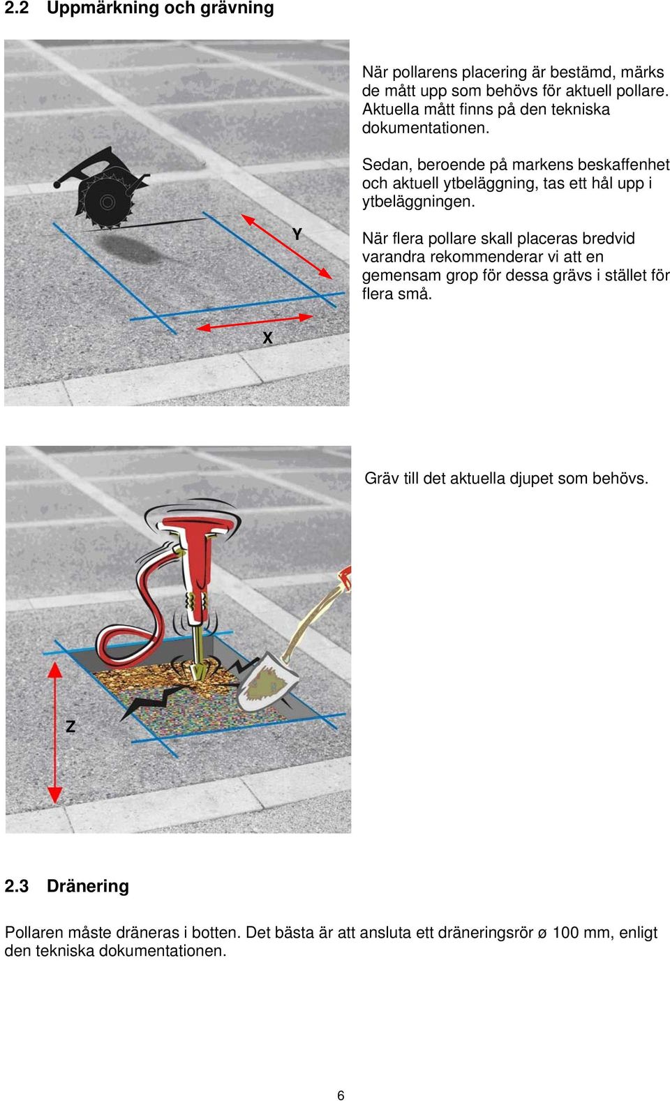 Sedan, beroende på markens beskaffenhet och aktuell ytbeläggning, tas ett hål upp i ytbeläggningen.