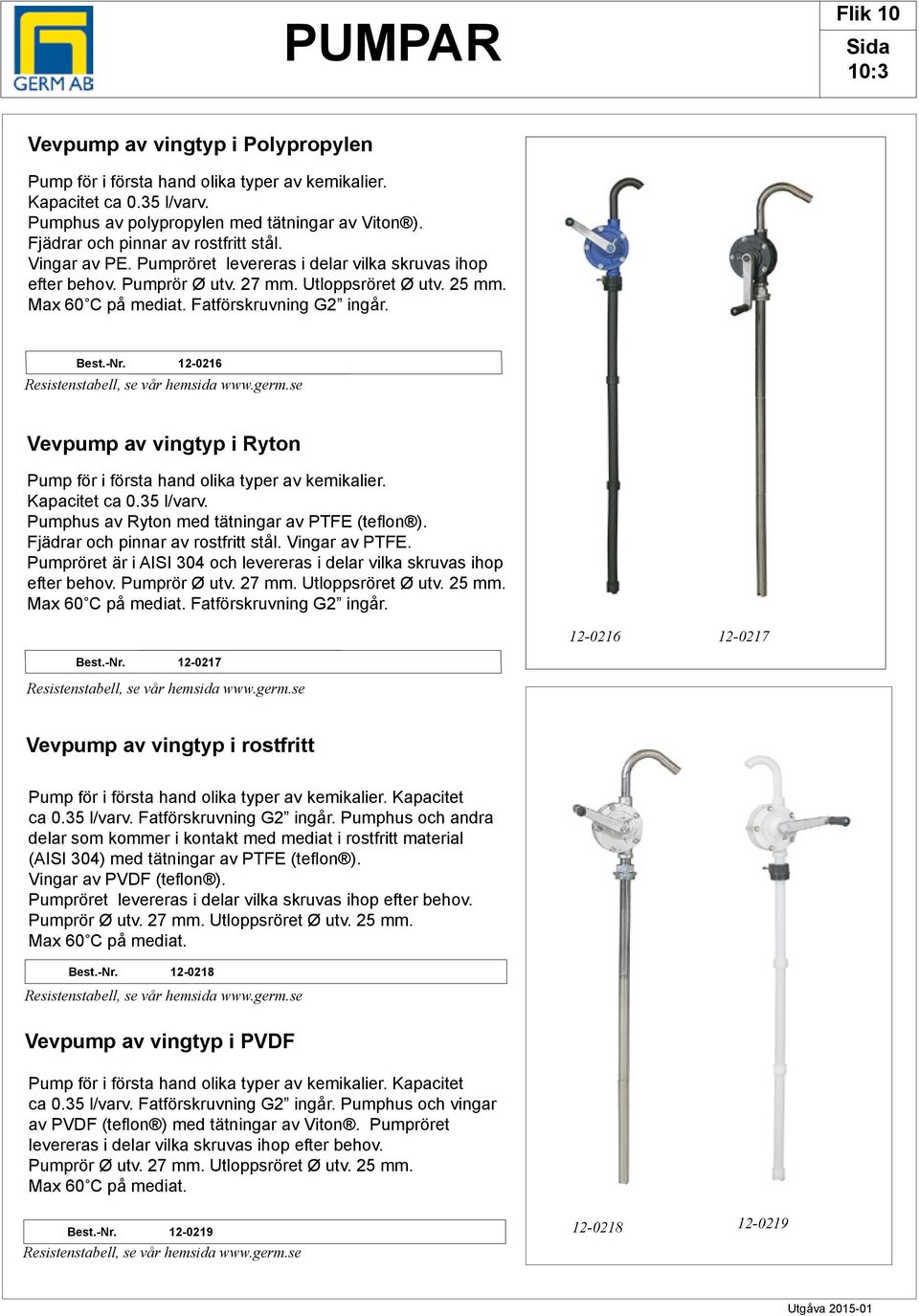 Fatförskruvning G2 ingår. est.-nr. 12-0216 Vevpump av vingtyp i Ryton Pump för i första hand olika typer av kemikalier. Kapacitet ca 0.35 l/varv. Pumphus av Ryton med tätningar av PTFE (teflon ).