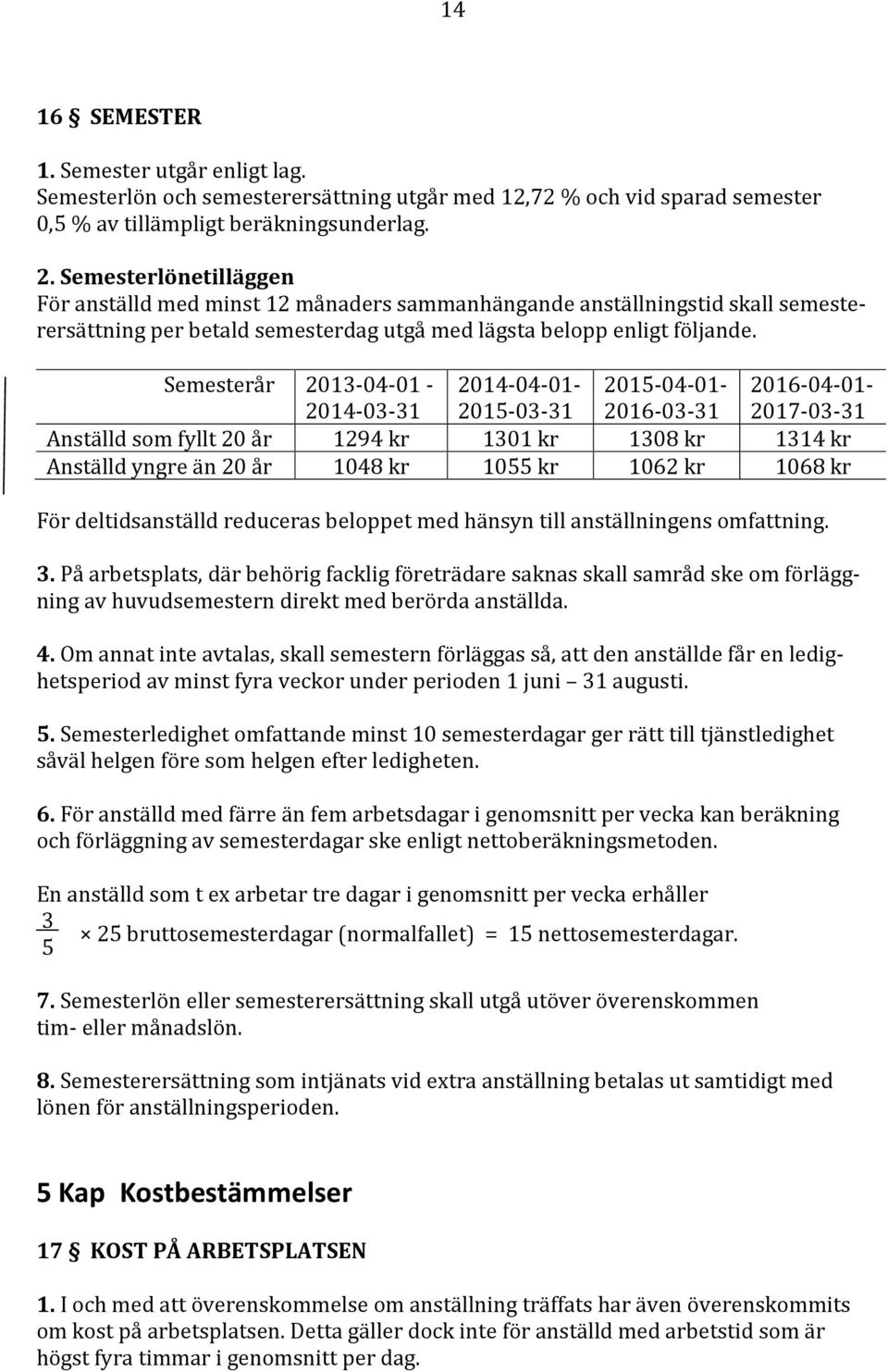 Semesterår 2013-04-01-2014-04-01- 2015-04-01-2016-04-01- 2014-03-31 2015-03-31 2016-03-31 2017-03-31 Anställd som fyllt 20 år 1294 kr 1301 kr 1308 kr 1314 kr Anställd yngre än 20 år 1048 kr 1055 kr