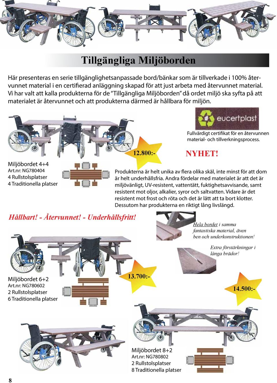 Miljöbordet 4+4 Art.nr: NG780404 4 Rullstolsplatser 4 Traditionella platser Hållbart! - Återvunnet! - Underhållsfritt! Fullvärdigt certifikat för en återvunnen material- och tillverkningsprocess.