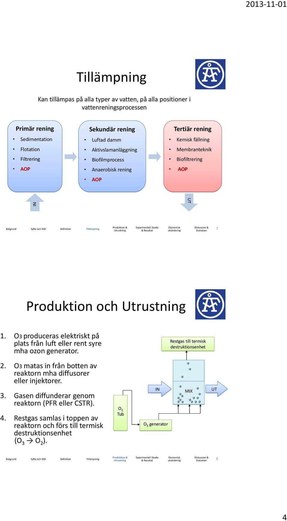 O3 produceras elektriskt på plats från luft eller rent syre mha ozon generator. Restgas till termisk destruktionsenhet 2.