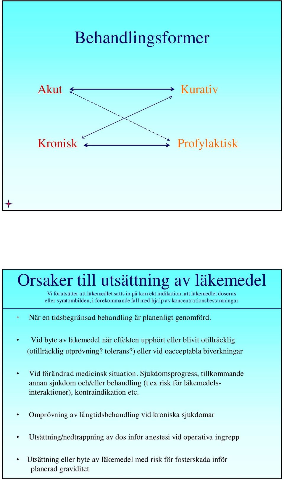 Vid byte av läkemedel när effekten upphört eller blivit otillräcklig (otillräcklig utprövning? tolerans?) eller vid oacceptabla biverkningar Vid förändrad medicinsk situation.