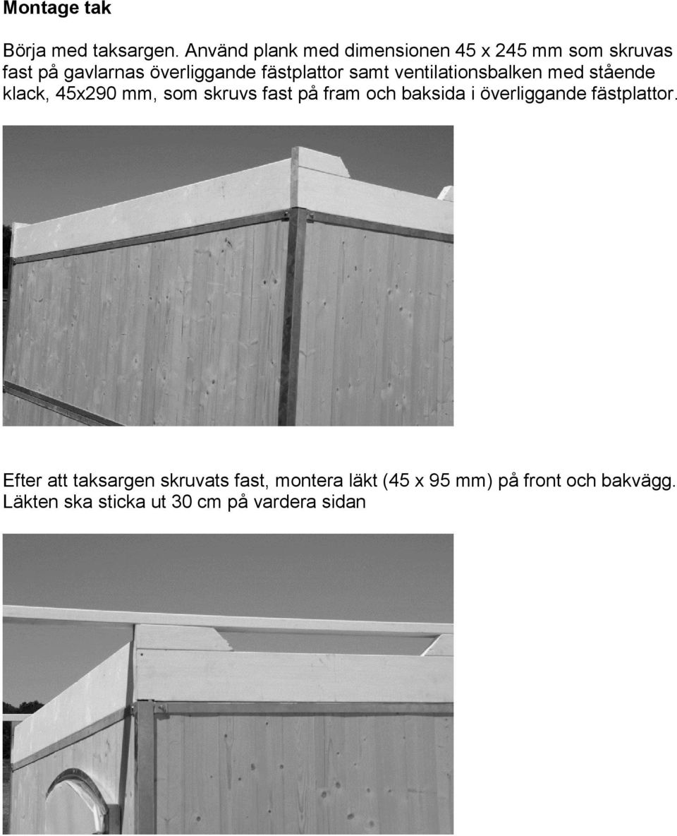 fästplattor samt ventilationsbalken med stående klack, 45x290 mm, som skruvs fast på fram och