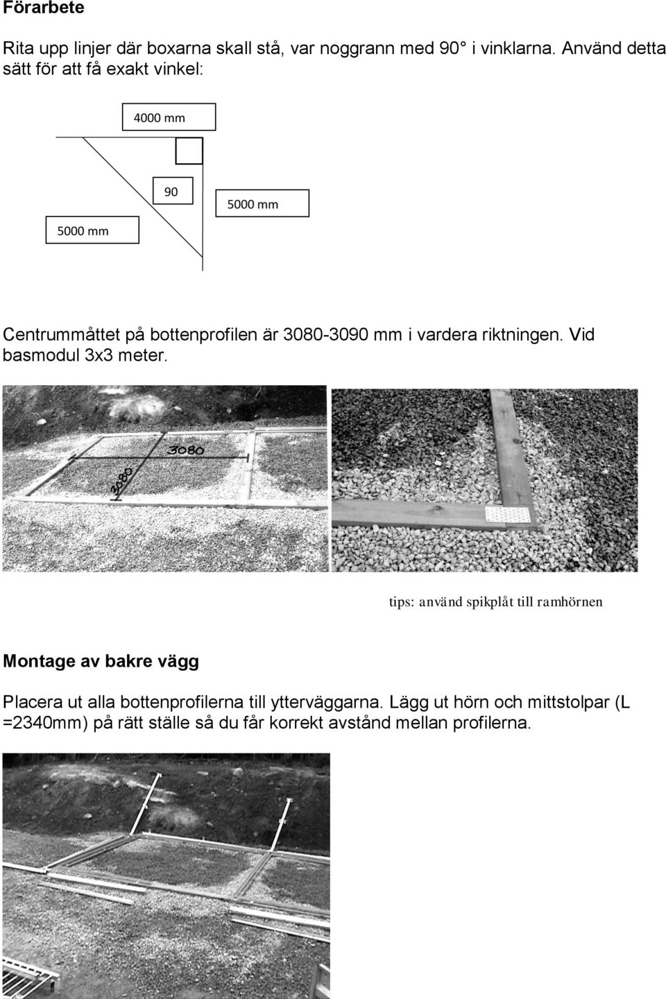 Centrummåttet på bottenprofilen är 3080-3090 mm i vardera riktningen. Vid basmodul 3x3 meter.