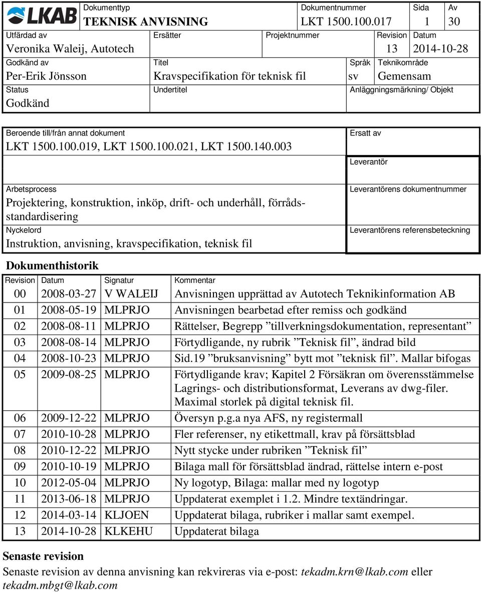 Dokumenthistorik Leverantörens dokumentnummer Leverantörens referensbeteckning Revision Datum Signatur Kommentar 00 2008-03-27 V WALEIJ Anvisningen upprättad av Autotech Teknikinformation AB 01