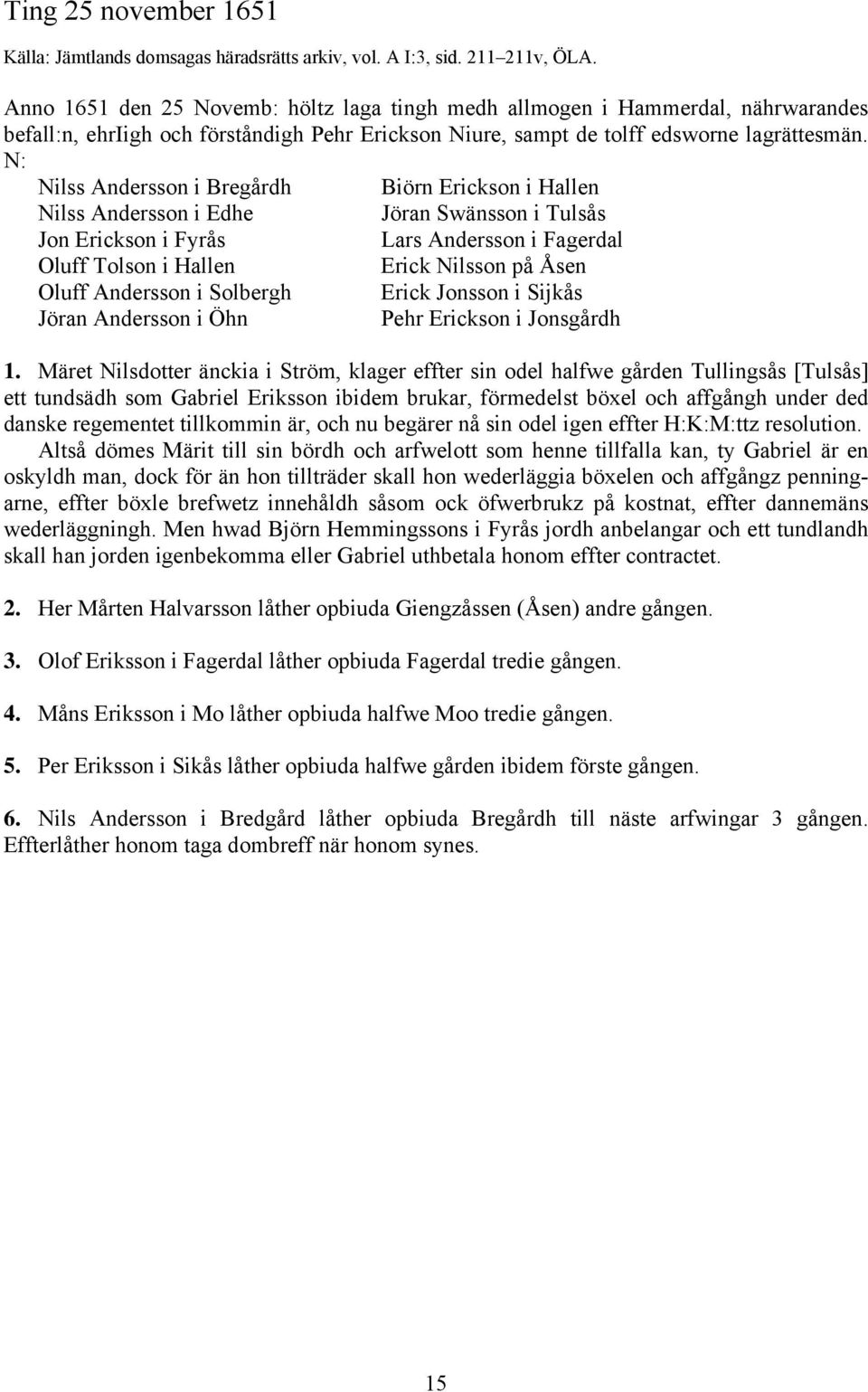 N: Nilss Andersson i Bregårdh Biörn Erickson i Hallen Nilss Andersson i Edhe Jöran Swänsson i Tulsås Jon Erickson i Fyrås Lars Andersson i Fagerdal Oluff Tolson i Hallen Erick Nilsson på Åsen Oluff