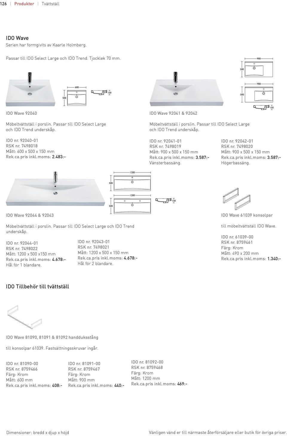 7498018 Mått: 600 x 500 x 150 mm Rek.ca.pris inkl.moms: 2.483:- IDO nr. 92041-01 RSK nr. 7498019 Mått: 900 x 500 x 150 mm Rek.ca.pris inkl.moms: 3.587:- Vänsterbassäng. IDO nr. 92042-01 RSK nr.