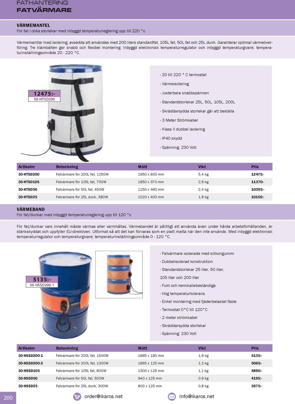 Inbyggd elektronisk temperaturregulator och inbyggd temperaturgivare; temperaturinställningsområde 20-220 C.