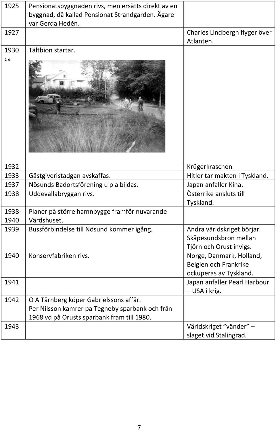 Österrike ansluts till Tyskland. 1938-1940 Planer på större hamnbygge framför nuvarande Värdshuset. 1939 Bussförbindelse till Nösund kommer igång. Andra världskriget börjar.