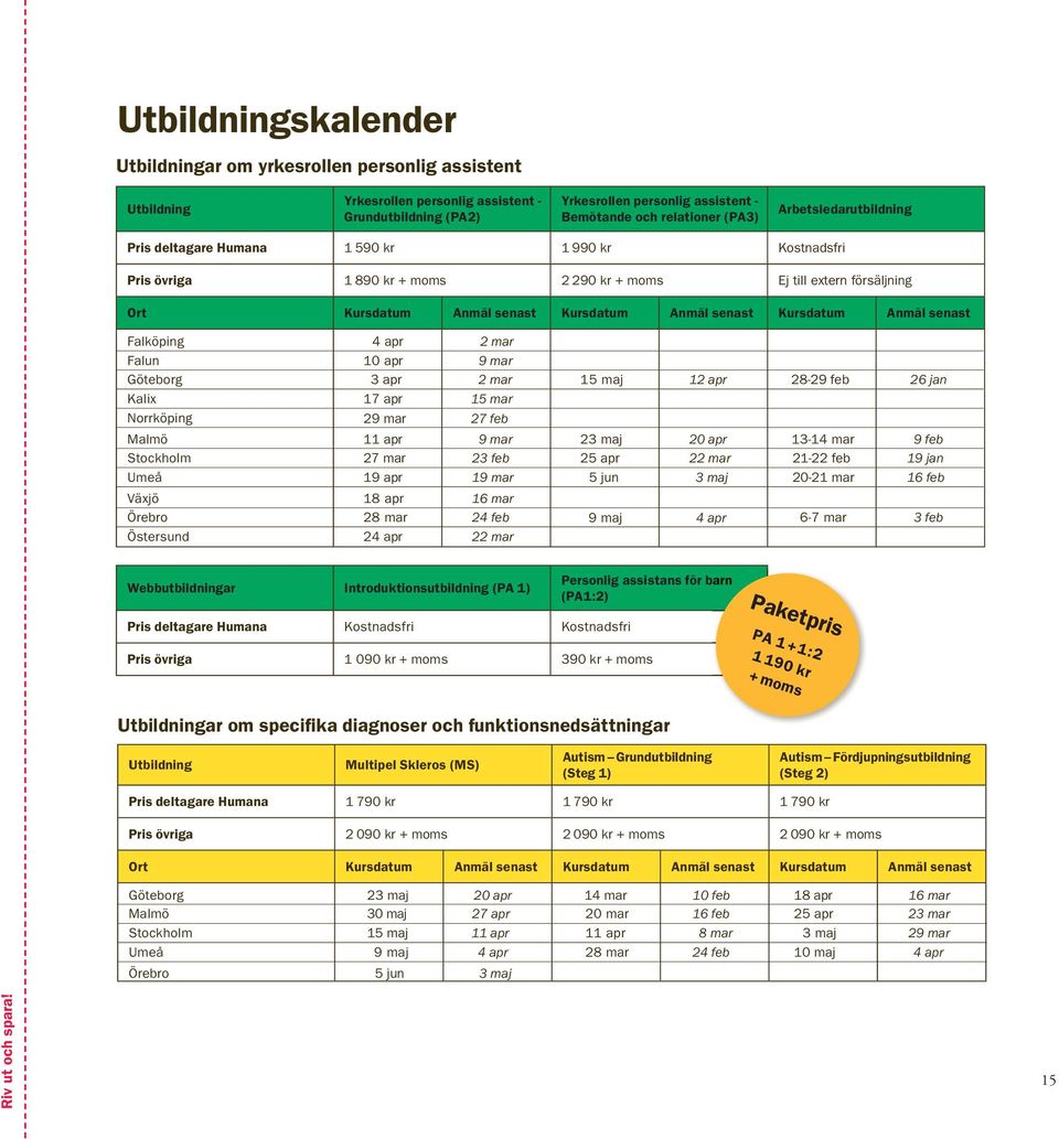 Pris deltagare Humana 1 590 kr 1 990 kr Kostnadsfri Pris övriga 1 890 kr + moms 2 290 kr + moms Ej till extern försäljning Ort Kursdatum Anmäl senast Kursdatum Anmäl senast Kursdatum Anmäl senast