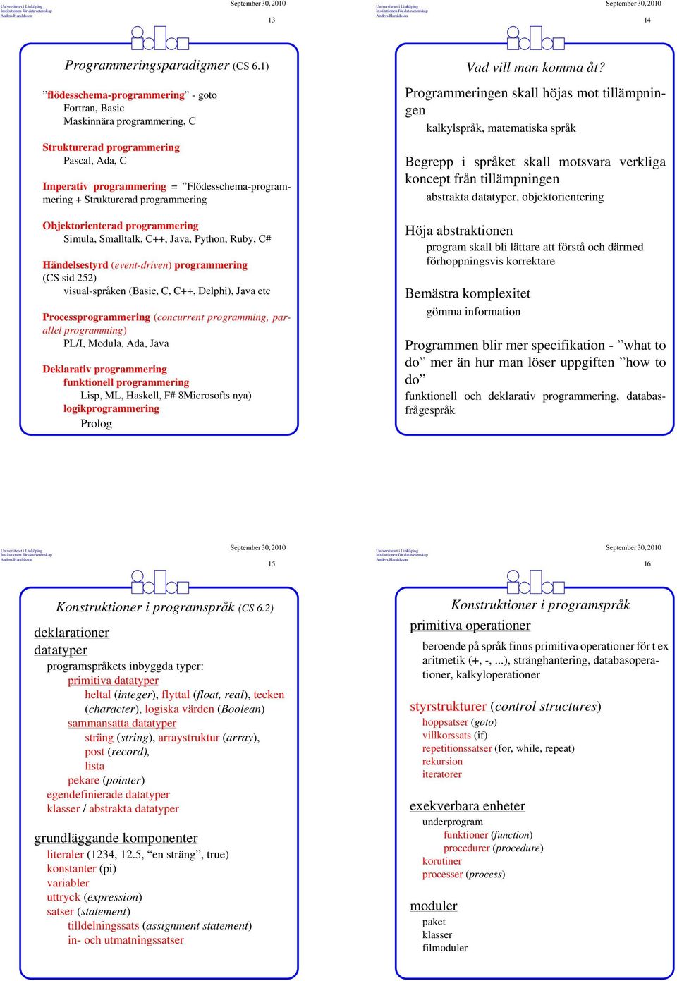 programmering Objektorienterad programmering Simula, Smalltalk, C++, Java, Python, Ruby, C# Händelsestyrd (event-driven) programmering (CS sid 252) visual-språken (Basic, C, C++, Delphi), Java etc