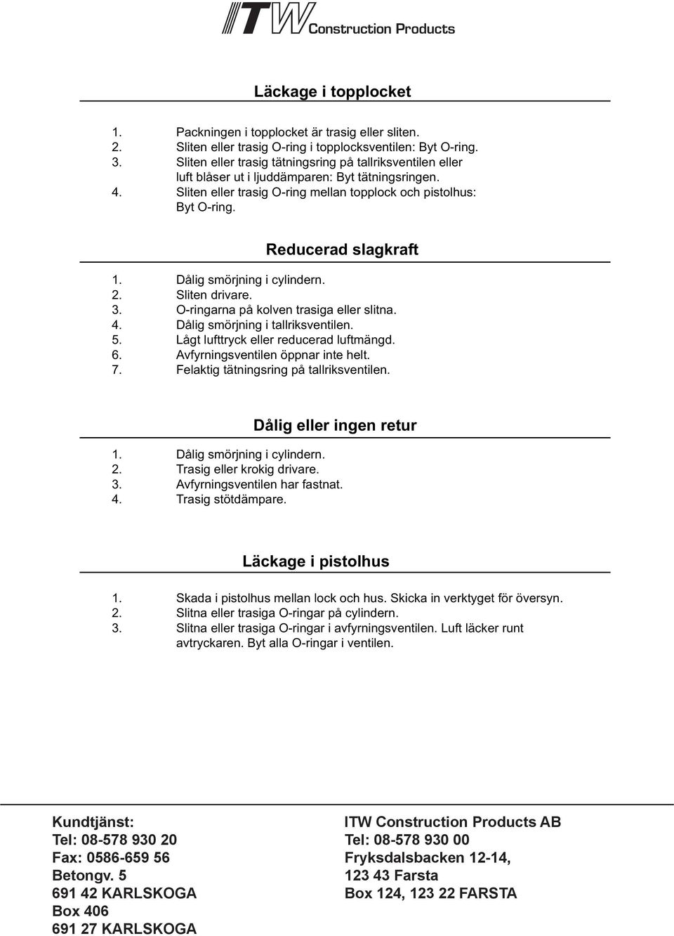 Reducerad slagkraft 1. Dålig smörjning i cylindern. 2. Sliten drivare. 3. O-ringarna på kolven trasiga eller slitna. 4. Dålig smörjning i tallriksventilen. 5. Lågt lufttryck eller reducerad luftmängd.