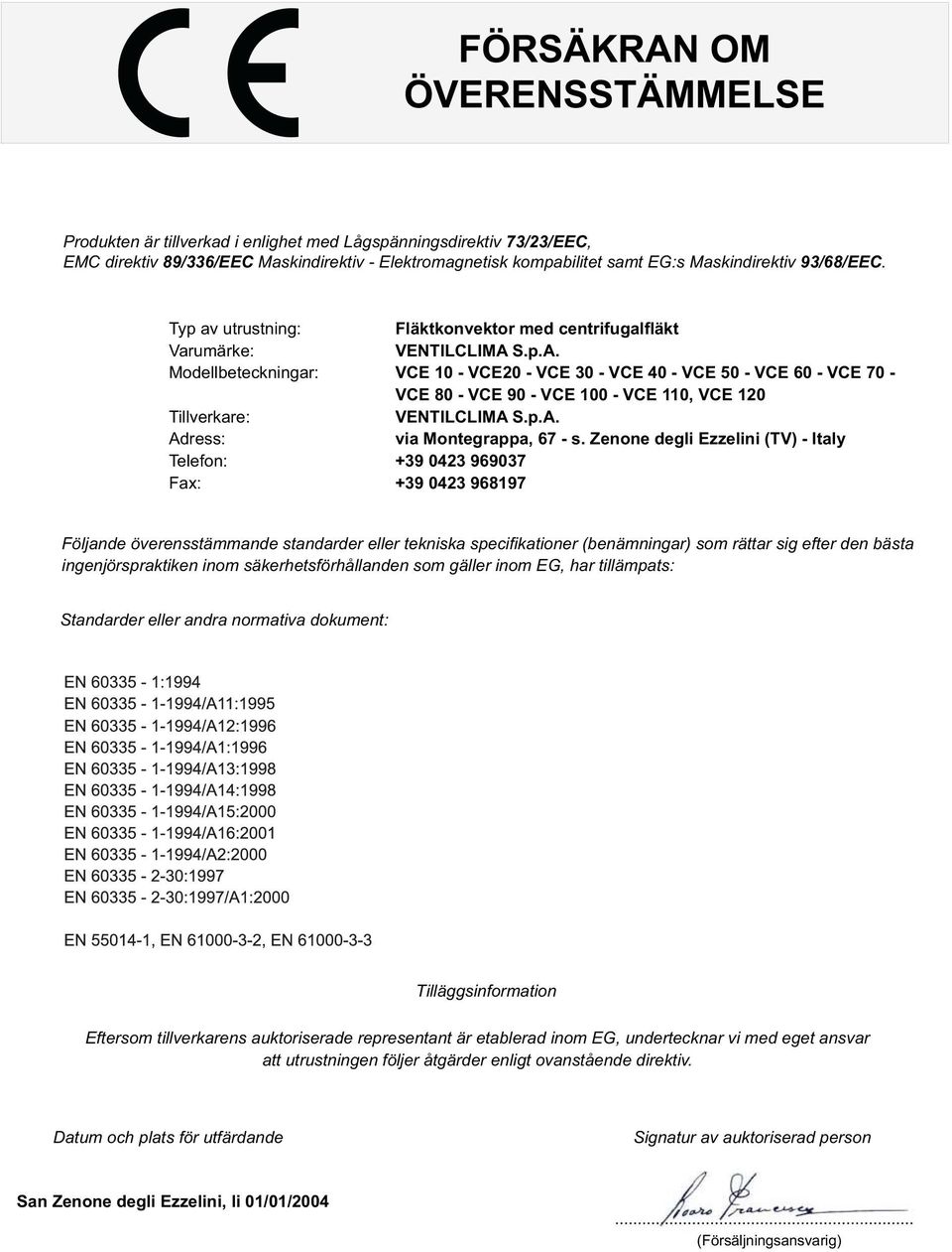 S.p.A. Modellbeteckningar: VCE 10 - VCE20 - VCE 30 - VCE 40 - VCE 50 - VCE 60 - VCE 70 - VCE 80 - VCE 90 - VCE 100 - VCE 110, VCE 120 Tillverkare: VENTILCLIMA S.p.A. Adress: via Montegrappa, 67 - s.