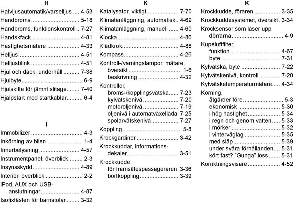 .. 2-3 Insynsskydd... 4-89 Interiör, överblick... 2-2 ipod, AUX och USBanslutningar... 4-87 Isofixfästen för barnstolar... 3-32 atalysator, viktigt... 7-70 limatanläggning, automatisk.