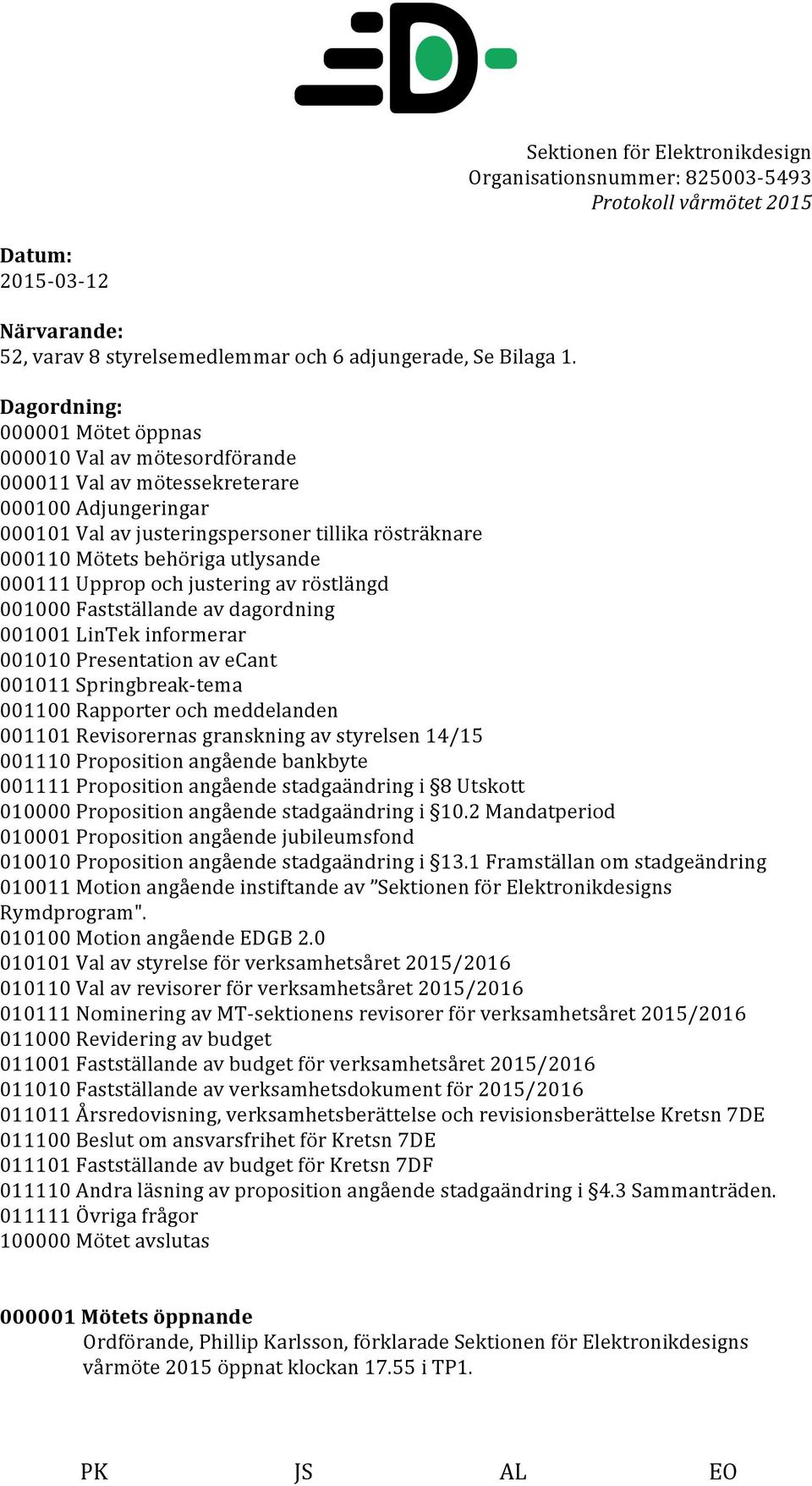 000111 Upprop och justering av röstlängd 001000 Fastställande av dagordning 001001 LinTek informerar 001010 Presentation av ecant 001011 Springbreak- tema 001100 Rapporter och meddelanden 001101
