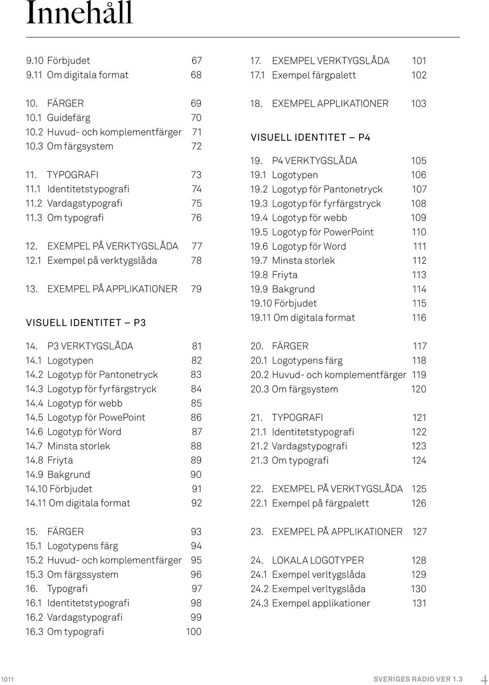 Exempel på applikationer 79 VISUELL IDENTITET P3 14. P3 Verktygslåda 81 14.1 Logotypen 82 14.2 Logotyp för Pantonetryck 83 14.3 Logotyp för fyrfärgstryck 84 14.4 Logotyp för webb 85 14.