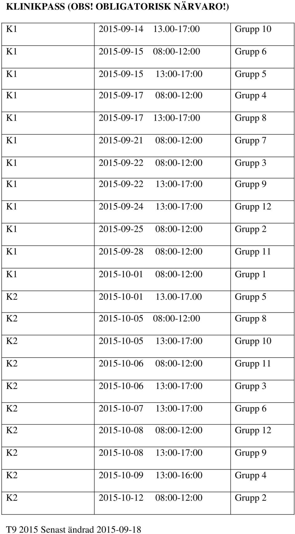 2015-09-22 08:00-12:00 Grupp 3 K1 2015-09-22 13:00-17:00 Grupp 9 K1 2015-09-24 13:00-17:00 Grupp 12 K1 2015-09-25 08:00-12:00 Grupp 2 K1 2015-09-28 08:00-12:00 Grupp 11 K1 2015-10-01 08:00-12:00