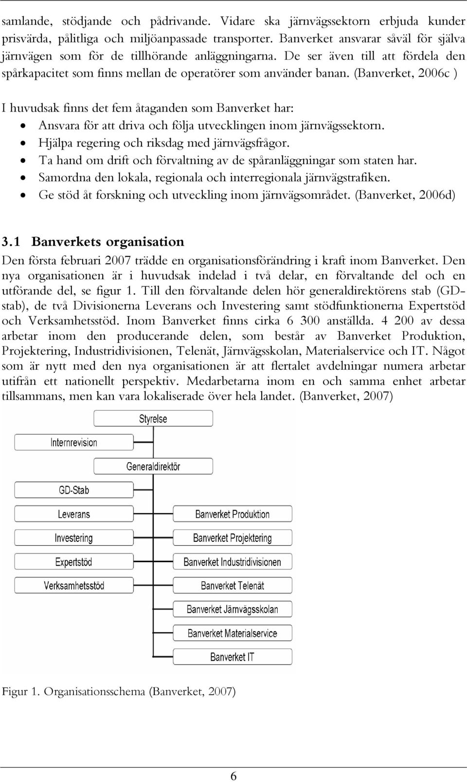 (Banverket, 2006c ) I huvudsak finns det fem åtaganden som Banverket har: Ansvara för att driva och följa utvecklingen inom järnvägssektorn. Hjälpa regering och riksdag med järnvägsfrågor.