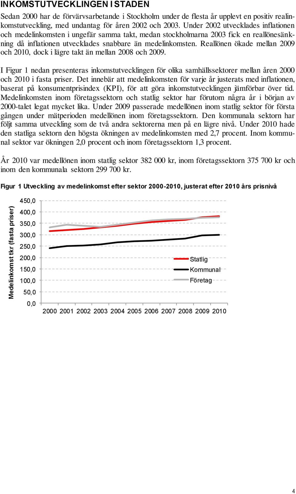 Reallönen ökade mellan 2009 och 2010, dock i lägre takt än mellan 2008 och 2009. I Figur 1 nedan presenteras inkomstutvecklingen för olika samhällssektorer mellan åren 2000 och 2010 i fasta priser.