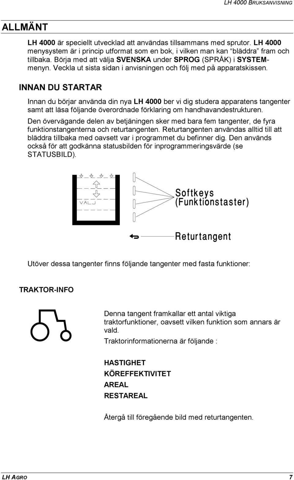 INNAN DU STARTAR Innan du börjar använda din nya LH 4000 ber vi dig studera apparatens tangenter samt att läsa följande överordnade förklaring om handhavandestrukturen.