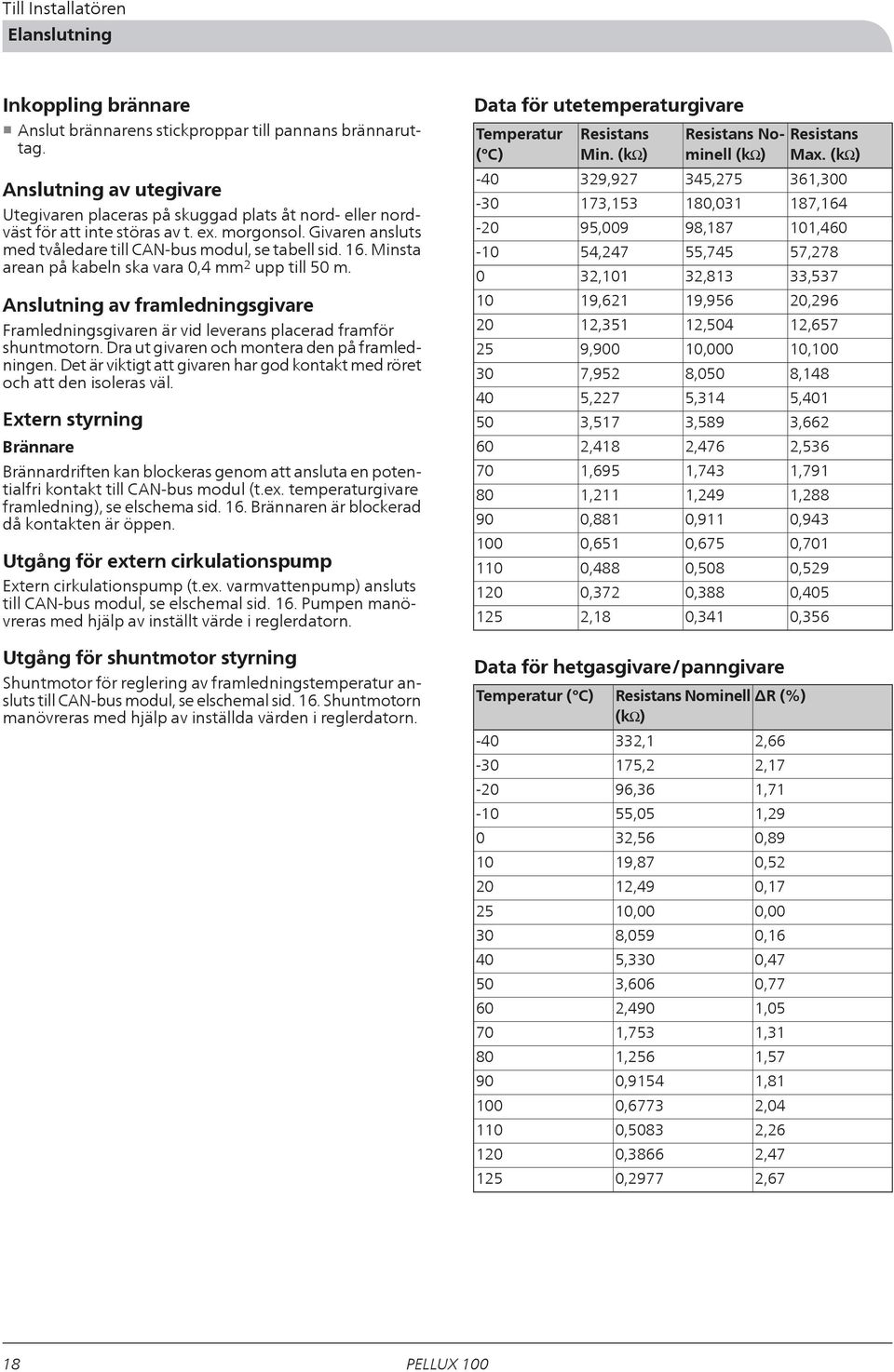Minsta arean på kabeln ska vara 0,4 mm 2 upp till 50 m. Anslutning av framledningsgivare Framledningsgivaren är vid leverans placerad framför shuntmotorn.