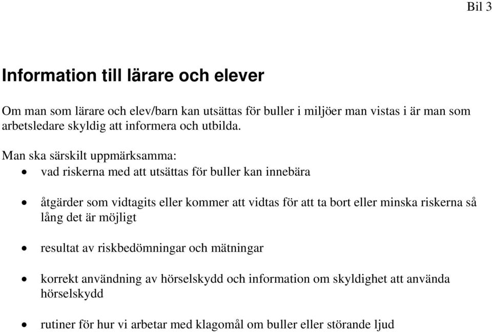 Man ska särskilt uppmärksamma: vad riskerna med att utsättas för buller kan innebära åtgärder som vidtagits eller kommer att vidtas för att ta