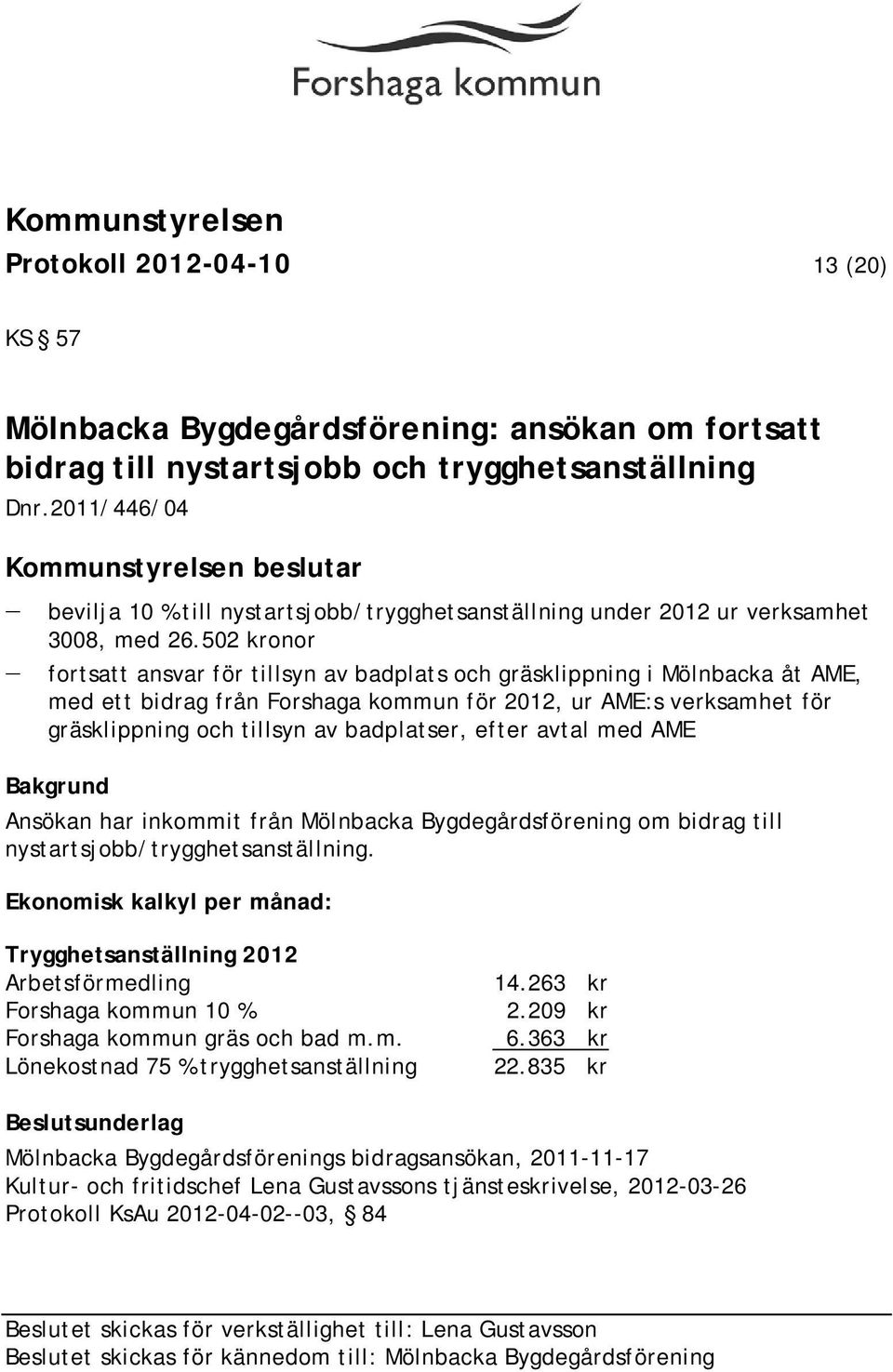 502 kronor fortsatt ansvar för tillsyn av badplats och gräsklippning i Mölnbacka åt AME, med ett bidrag från Forshaga kommun för 2012, ur AME:s verksamhet för gräsklippning och tillsyn av badplatser,