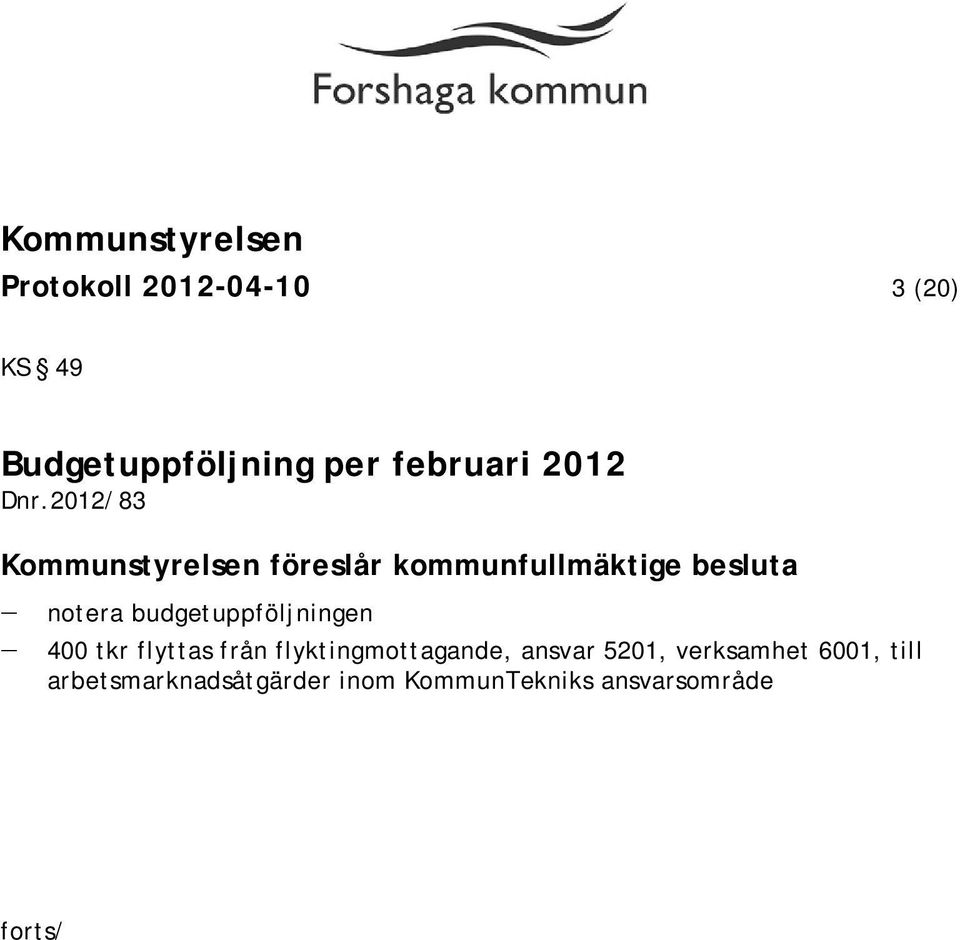 budgetuppföljningen 400 tkr flyttas från flyktingmottagande, ansvar 5201,