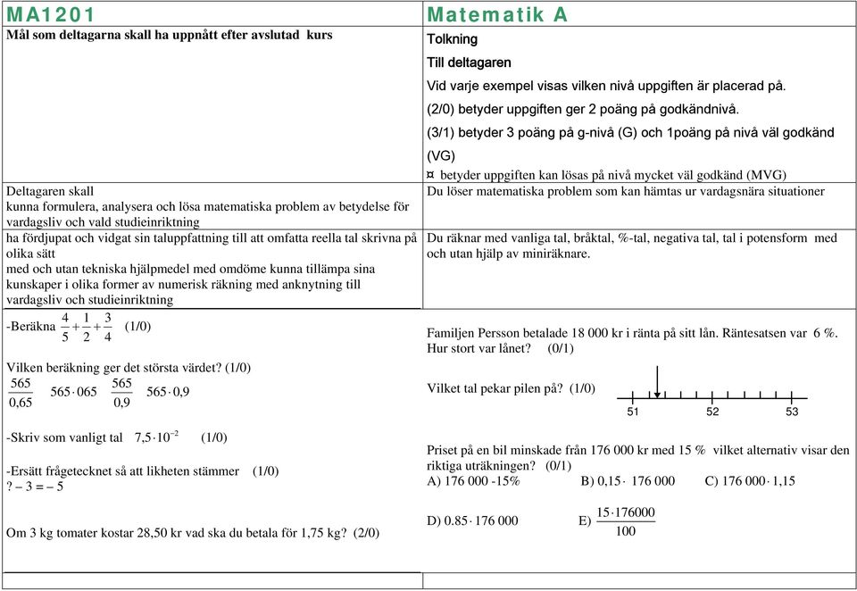 av numerisk räkning med anknytning till vardagsliv och studieinriktning 4 1 3 -Beräkna (1/0) 5 2 4 Vilken beräkning ger det största värdet?