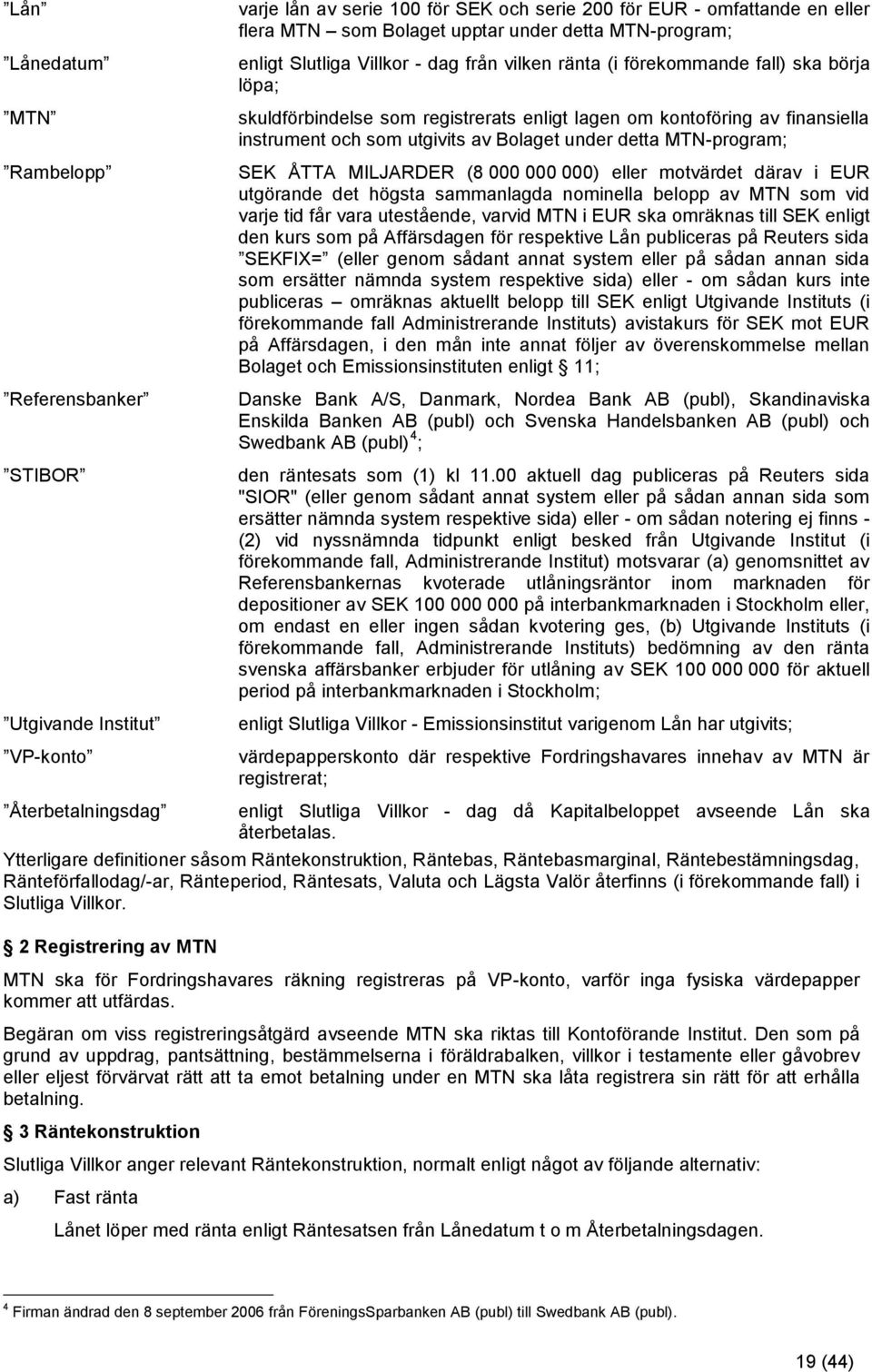 och som utgivits av Bolaget under detta MTN-program; SEK ÅTTA MILJARDER (8 000 000 000) eller motvärdet därav i EUR utgörande det högsta sammanlagda nominella belopp av MTN som vid varje tid får vara