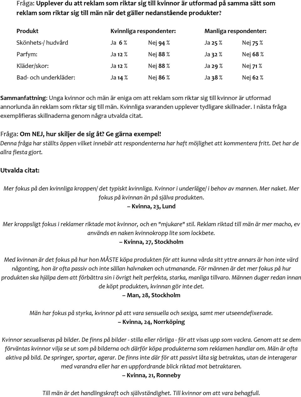 Ja 32 % Nej 68 % Ja 29 % Nej 71 % Ja 38 % Nej 62 % Sammanfattning: Unga kvinnor och män är eniga om att reklam som riktar sig till kvinnor är utformad annorlunda än reklam som riktar sig till män.