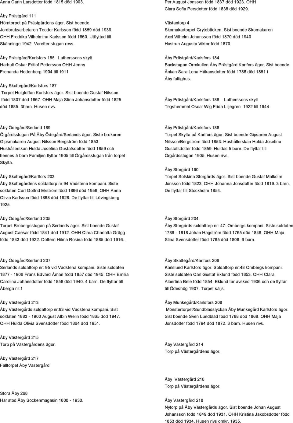 Utflyttad till Axel Vilhelm Johansson född 1870 död 1940 Skänninge 1942. Varefter stugan revs. Hustrun Augusta Viktor född 1870.