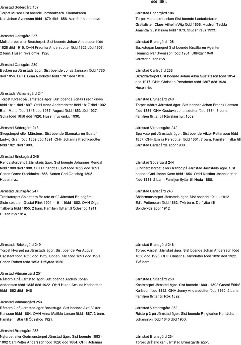 Järnstad Carlsgård 237 Mulltatorpet eller Brorstorpet. Sist boende Johan Andersson född Järnstad Brunsgård 108 1828 död 1916. OHH Fredrika Andersdotter född 1823 död 1907.